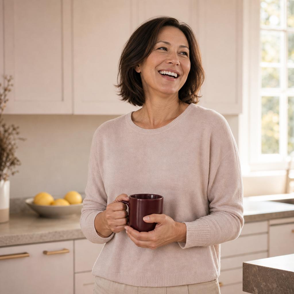 A woman laughing in a bright kitchen with a mug in both hands
