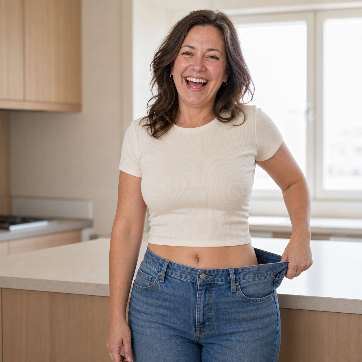 A woman laughing in a bright kitchen, holding the waistband of her jeans well clear of her waist