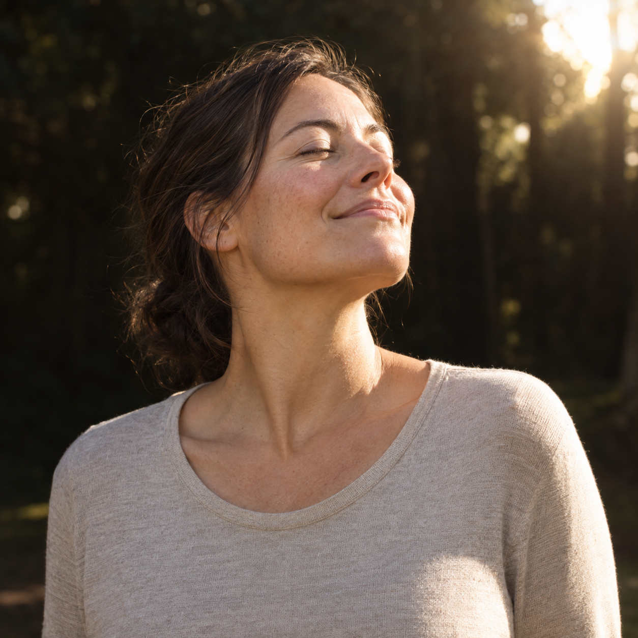A woman outdoors with her face lifted to low morning sun and her eyes closed, a bank of shaded trees behind her