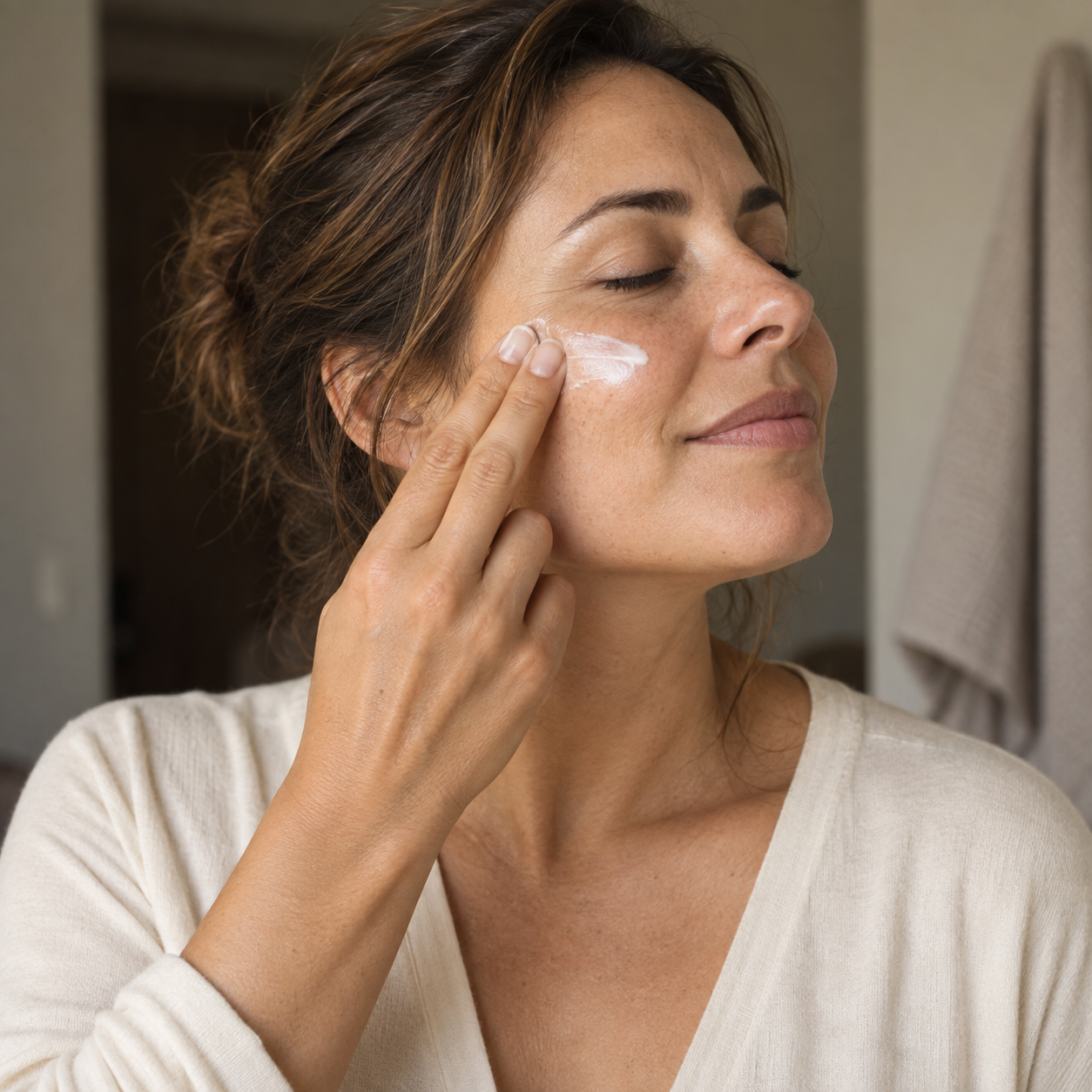A woman applying moisturiser to her cheek with her fingertips in soft daylight