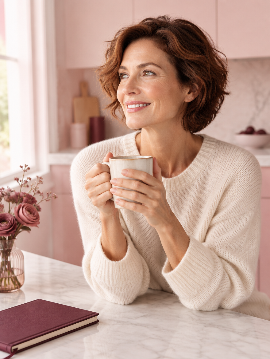A woman in a cream sweater holding a mug at a marble kitchen counter, smiling toward the window