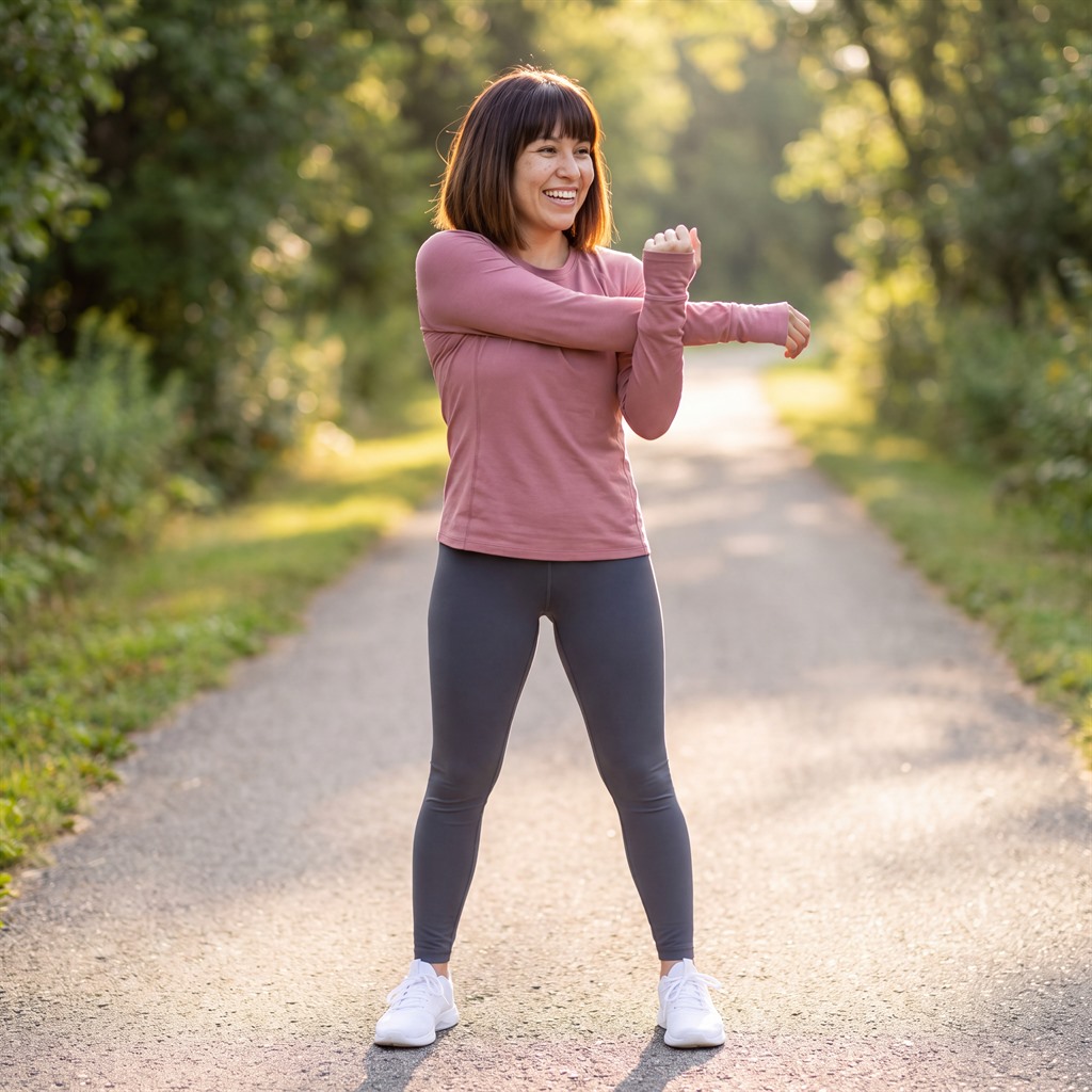 A slim Native American woman in a dusty rose top and leggings doing a cross-body shoulder stretch on a tree-lined path in morning light