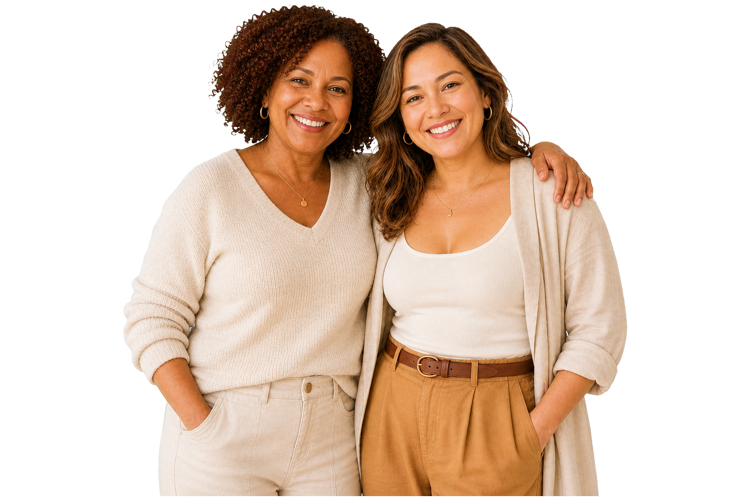 Two smiling women standing together, arms around each other, in soft natural light